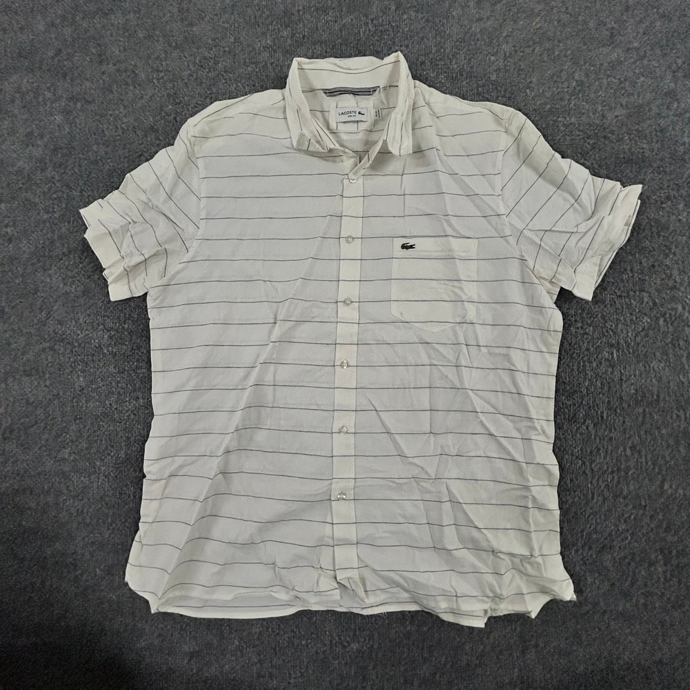 Lacoste Button Down Mens Size XL/2XL White Pinstripe Slim Fit Short Sleeve Shirt